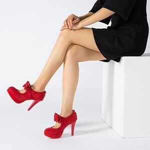 Fereshte Red Faux Suede Bow‎ Platform Mary Jane Pumps Heels Size 44
